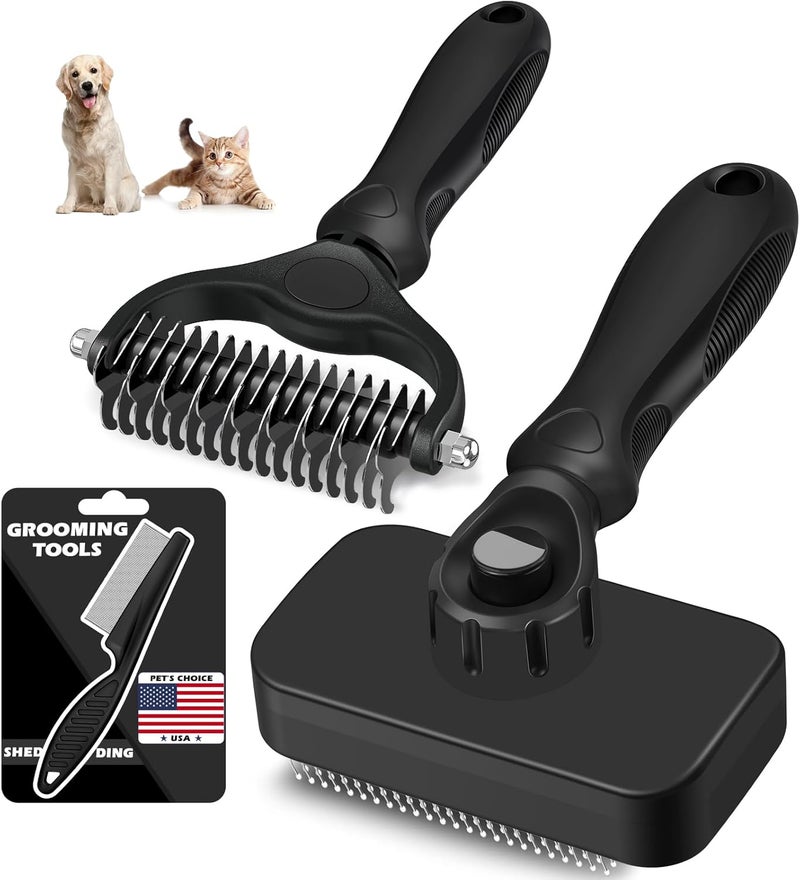 Augwind 3PCS Self Cleaning Slicker Brush & Pet Grooming Rake & Flea Comb for Dogs,Cats and Horses | Double-Sided Dematting Comb & Skin Friendly Deshedding Grooming Tool | Premium Pet Supplies (Black) - Image 1